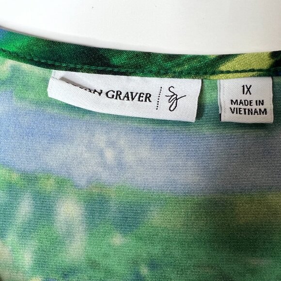 Susan Graver Size 1X Liquid Knit Tie-Dye Stripe V-Neck Top Blue Green 3/4 Sleeve - Picture 4 of 6